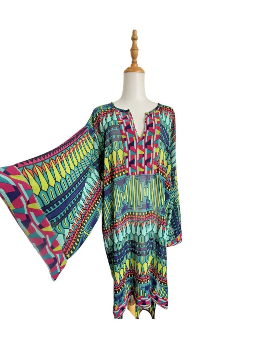 Kaftan Womens Sz XL Geometric Print Oversized High-Low Hem Teal Green Blue ASHRO